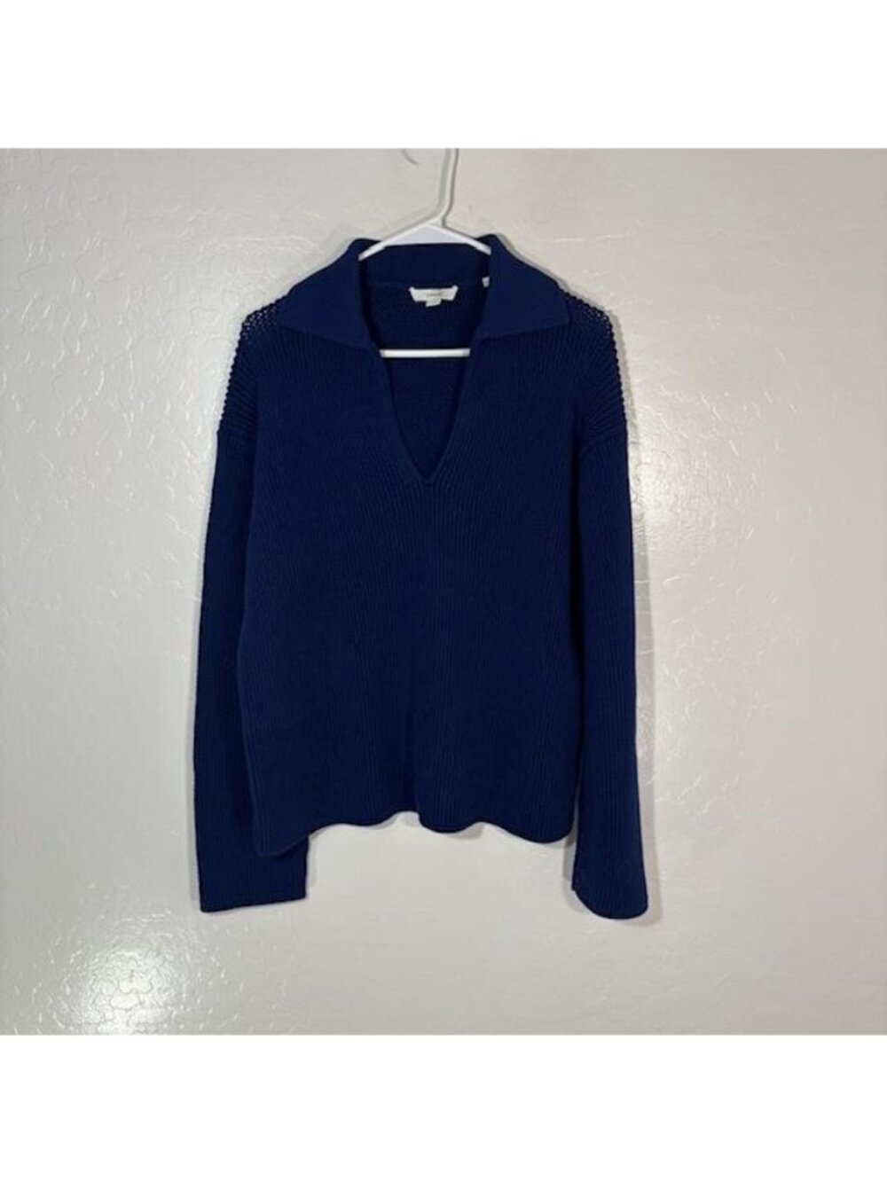 Vince Sweater Womens Large Blue Cotton Polyester Collared Waffle Knit Pullover